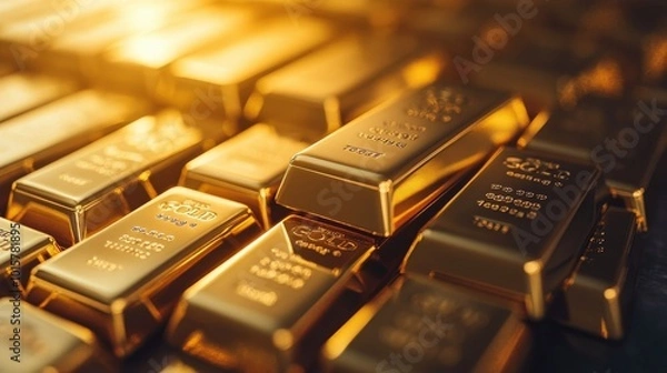 Fototapeta Close-up view of shiny gold bars stacked together on a reflective surface.