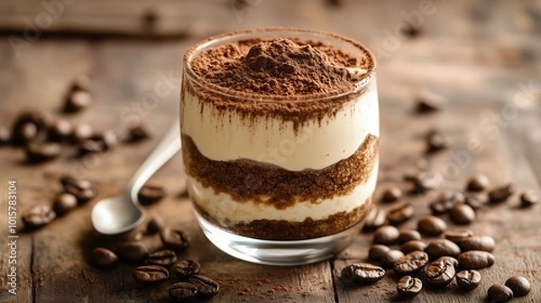Fototapeta This delightful layered tiramisu features rich coffee-soaked layers and creamy mascarpone, displayed in a clear glass on a rustic wooden surface with scattered coffee beans