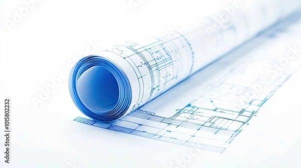 Fototapeta Blueprint rolled up on a flat surface showcasing intricate architectural details in a light setting