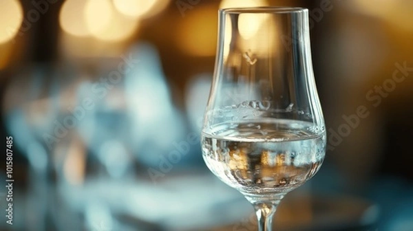 Fototapeta A glass of clear water glistens under warm lighting in an elegant dining setting, inviting refreshment