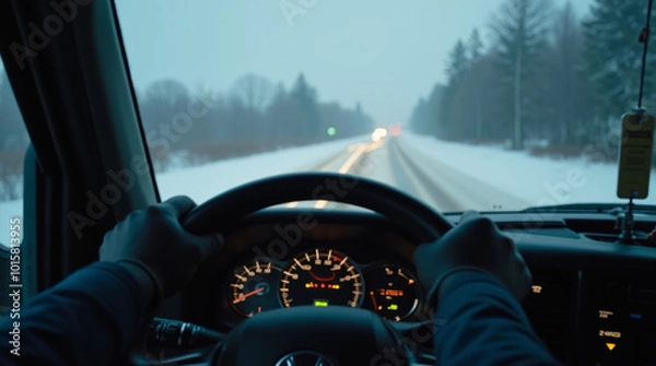 Fototapeta A close-up view of a truck driver's hands firmly gripping the steering wheel as they navigate icy roads during winter