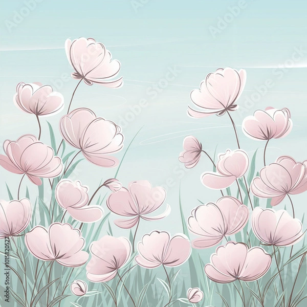 Obraz Drawing of a field of pink flowers with a blue sky in the background