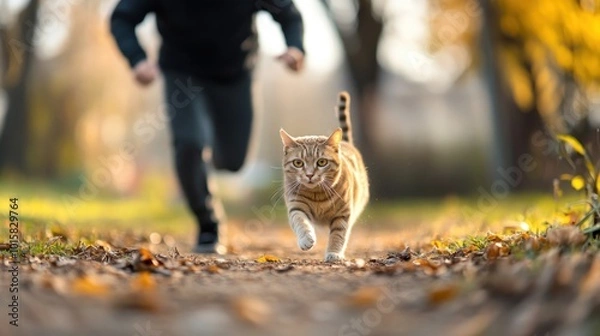 Obraz Man Running with Cat in Autumn Park