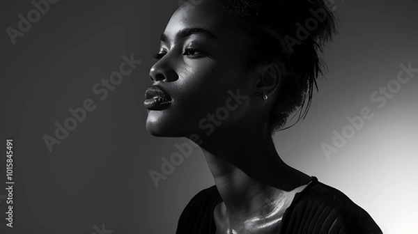 Fototapeta A moody black and white image of a model standing against a plain background, with dramatic high-contrast lighting casting long shadows behind. 8k UHD, suitable for high-quality printing or 