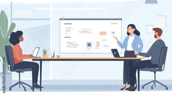 Obraz Businesswoman presenting a product prototype to clients in a professional office