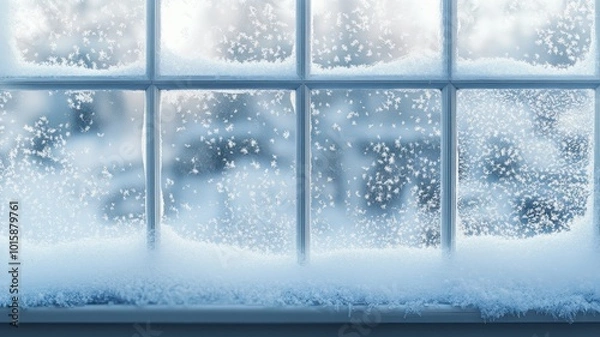 Fototapeta Modern residential window view of snowy background,Snowy glittering winter landscape with space for products and decorations,Happy christmas time,snowfall,snow landscape,copy space.