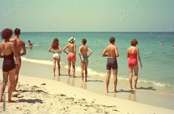 Fototapeta Vintage beach scene with people standing at the shoreline, ocean in background