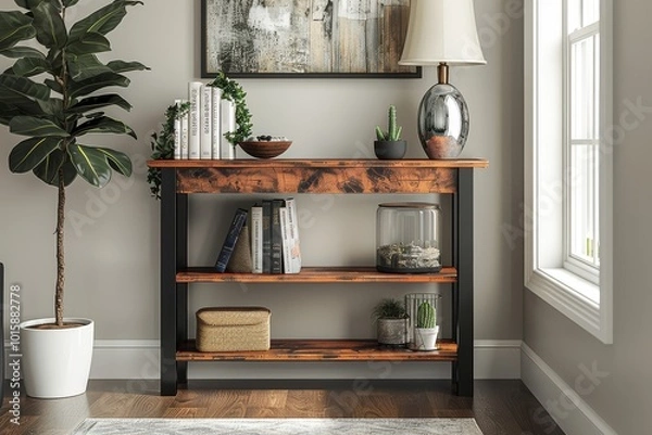 Obraz Black and cherry wood console table with an umbrella, showcasing books on the top shelf and a vase with decor items on the bottom.