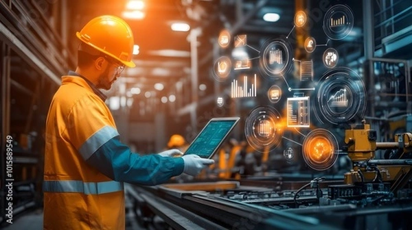 Fototapeta Industrial Worker Using Tablet with Data Analytics Interface