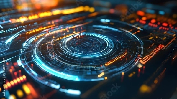 Fototapeta Abstract Digital Interface with Glowing Blue and Orange Circles