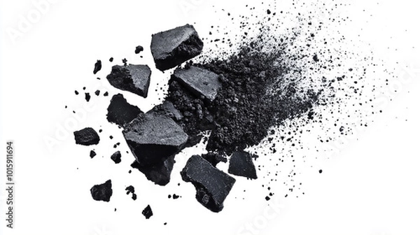 Obraz Black powder particles and pieces of charcoal Chalk Explosion on White Background
