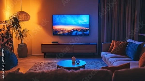 Fototapeta Cozy living room with modern TV mounted on wall, comfortable couch, and warm lighting, creating a relaxing atmosphere for family gatherings and entertainment. 