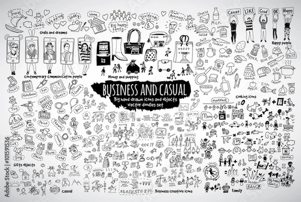 Fototapeta Duży pakiet biznesowy dorywczo gryzmoły ikony i przedmioty.