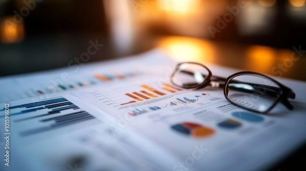 Fototapeta A business report spread open on a desk displays colorful charts and diagrams detailing successful CRM strategies. Eyeglasses and a pen add to the professional atmosphere