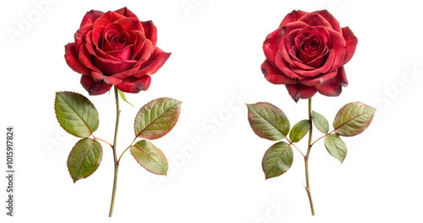 Fototapeta Set of Red Rose Flowers Cut Out Isolated Floral Art on White Background