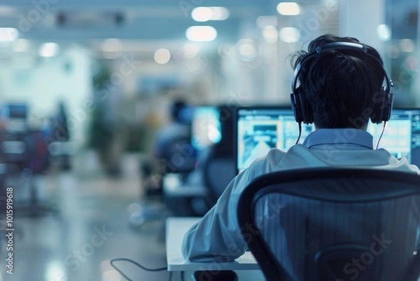 Fototapeta blur employee work as call centre talking with customer at operation monitor room concept.