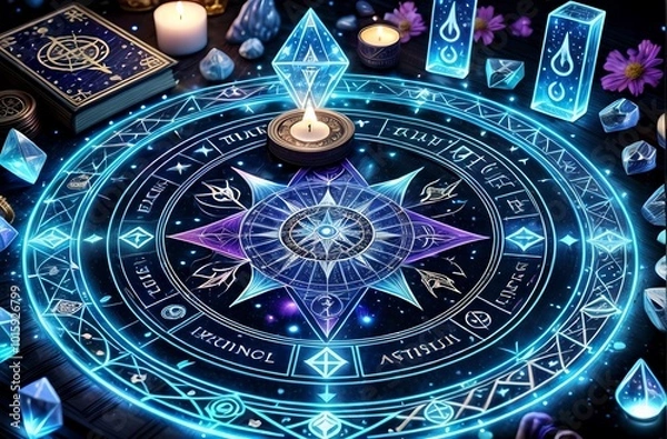 Fototapeta A mystical tarot reading amidst glowing blue and purple crystals, accompanied by a spellbook and ancient symbols.
