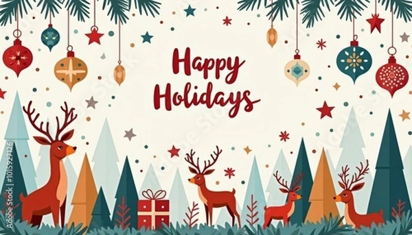 Fototapeta New Year card with deer and fir trees wishing happy holidays, ai generated, ai