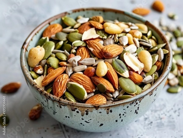 Fototapeta A bowl of mixed nuts and seeds including almonds