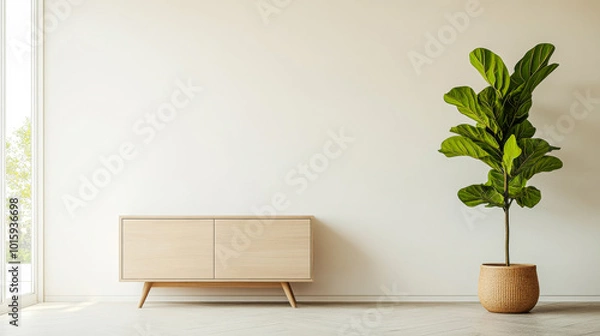 Fototapeta Modern interior design featuring a minimalist cabinet and a tall potted plant in natural light