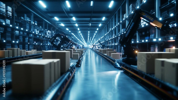 Fototapeta Inside a high-tech logistics warehouse, with robotic arms sorting packages and workers using digital devices to track shipments.