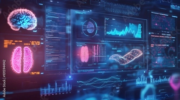 Obraz abstract technology ui futuristic human medical hud interface hologram elements of digital data chart, DNA,Fingerprint,Brain computing circle vitality innovation on hi tech future design background. 