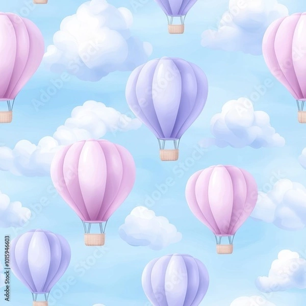 Fototapeta Seamless pattern of pink and purple hot air balloons floating among clouds on a bright blue sky background