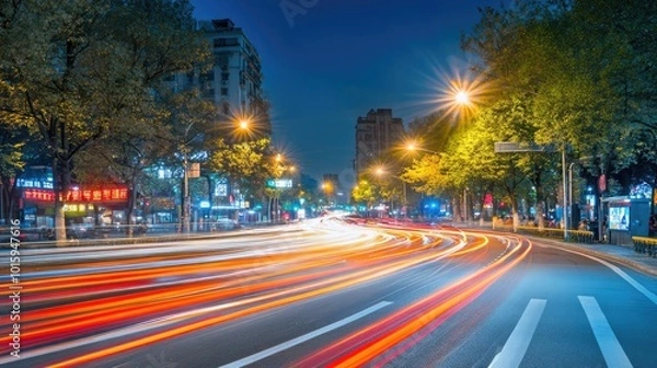 Fototapeta Nighttime road scene with vivid light trails from passing vehicles, captured in long exposure to show the motion and energy of the city.