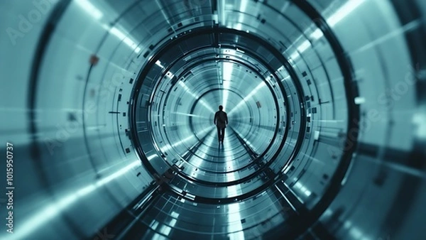 Fototapeta Futuristic tunnel with metal and lighted elements