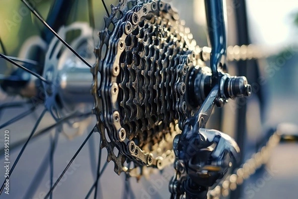 Fototapeta Close-up of the rear wheel and chain on a bicycle