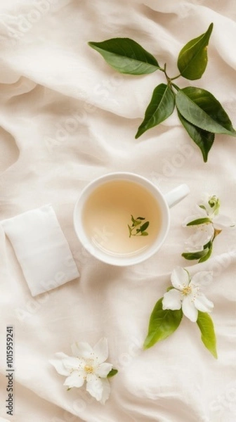Fototapeta Minimalistic, light beige background with white tea cup and small flowers, white cloth napkin next to it, flat lay photography style, simple and clean composition, natural lighting, high resolution