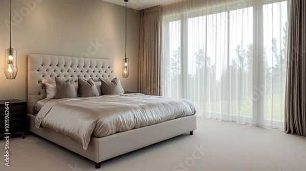 Fototapeta A serene bedroom with a king-sized bed featuring a tufted headboard and luxurious silk bedding. Large windows draped with sheer curtains allow natural light to gently flood the space