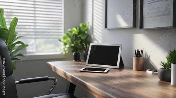 Obraz Modern Home Office Desk Setup with Natural Light and Minimalist Decor