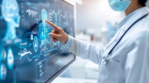 Fototapeta A female scientist in a white coat and mask is holding up her finger to touch an abstract holographic interface with medical icons