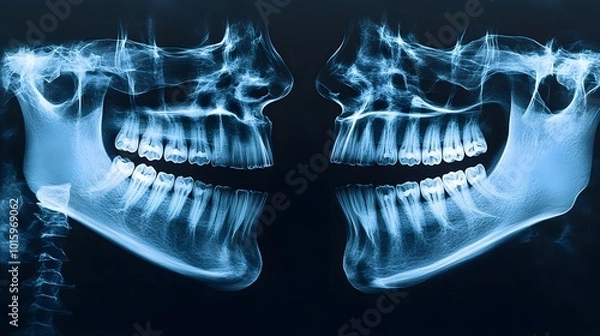 Fototapeta Digital X-ray images of a patient's jaw, illustrating the impact of braces on teeth alignment and bone structure, clear contrast between before and after, Radiograph Style