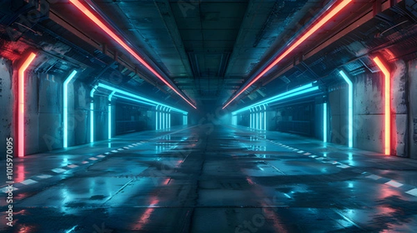 Fototapeta Futuristic neon lights interior Hdri. 360 panoramic view of a cyber garage room hangar with sci fi glowing blue tubes. Vr projection of dark tunnel warehouse with wet cement floor 3d Rendering