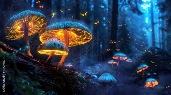 Fototapeta Glowing mushrooms on bark in dark forest with fireflies