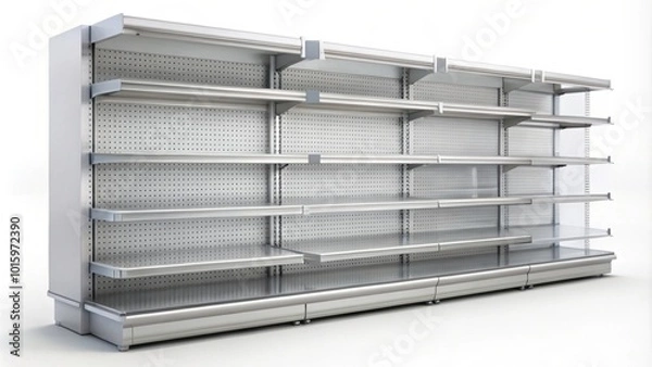Fototapeta Showcase for a supermarket with shelf limiters and topper. . Isolated, supermarket, showcase, shelf limiters, topper,