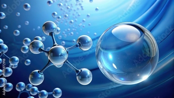 Fototapeta Molecule and water bubble, rendering, science, chemistry, biology, research, technology, discovery, innovation