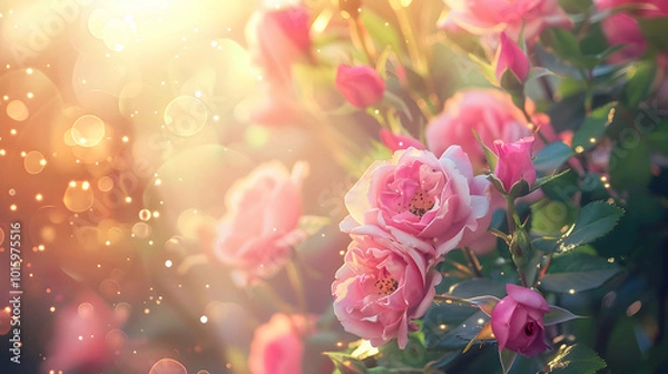 Fototapeta Mysterious fairy tale spring floral wide panoramic banner with fabulous blooming pink rose flowers summer garden on blurred sunny bright shiny glowing background and copy space