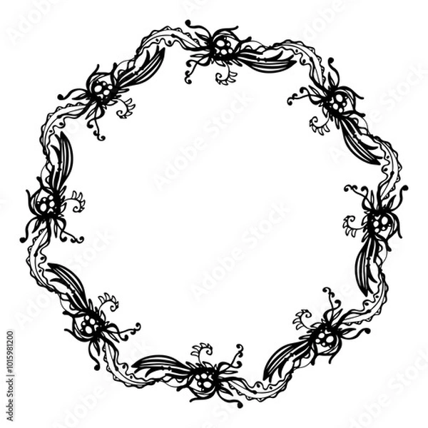 Fototapeta Vintage wreath from web leaves and swirls - vector graphic, black lines on white. Gothic style. Mirror decoration.