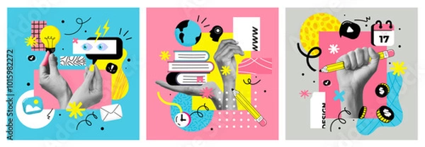 Fototapeta The abstract collage banner for an art school or Online education. The halftone hand and splash elements, modern design. Social media template. Vector illustration