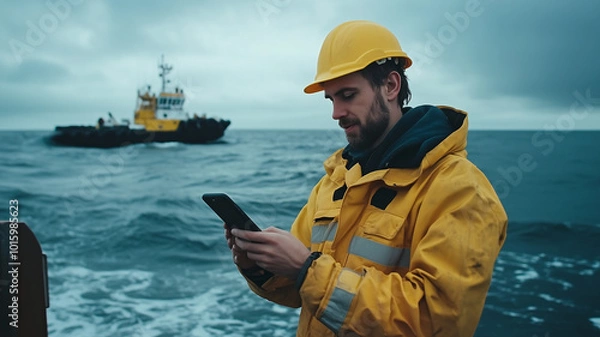 Fototapeta A Sailor in a yellow jacket and beanie uses a smartphone while standing on a boat at sea, with a vessel in the background.
