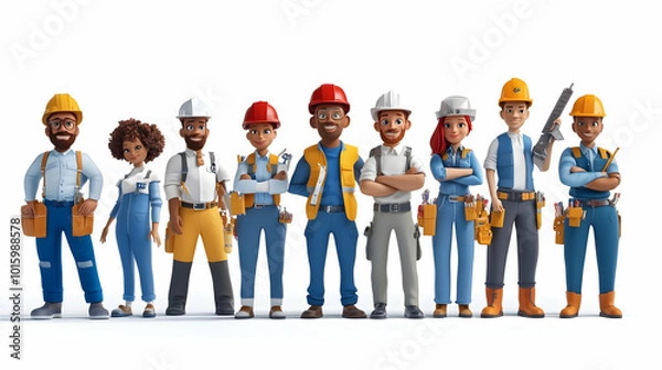 Fototapeta 3D Rendered Group of Diverse Construction Workers Posing Together