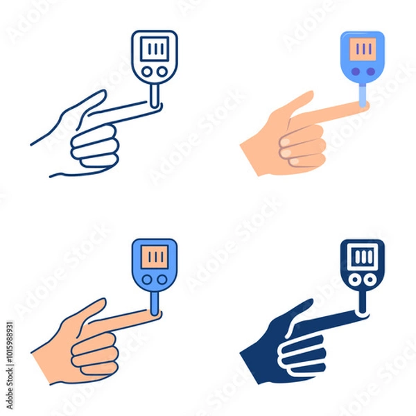 Fototapeta Blood sugar level test icon set in flat and line style. Hand with glucose testing monitor, glucometer. Vector illustration