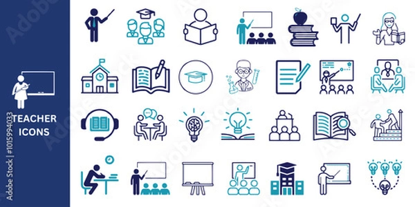 Obraz Teacher icon set. Teacher, school, teaching, lesson, mentor, professor, education, books, instruct, study, and knowledge icon. Vector illustration.