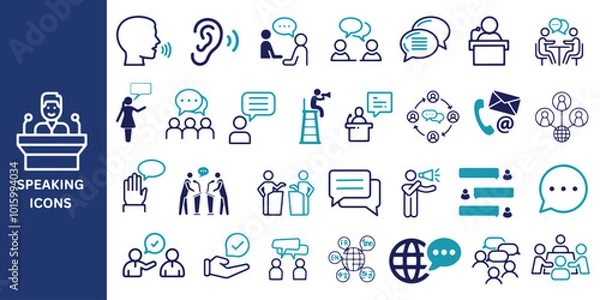 Obraz Speaking icon set. Communication icons set. Speech, speech bubble, talking, message, meeting, consultation, and conversation icon. Vector.
