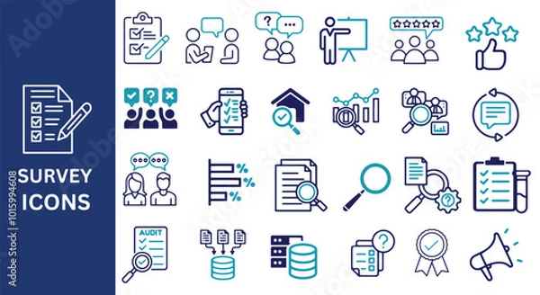 Obraz Survey Icon Set. Opinion, poll, research, questionnaire, data collection, satisfaction icons. Vector illustration.