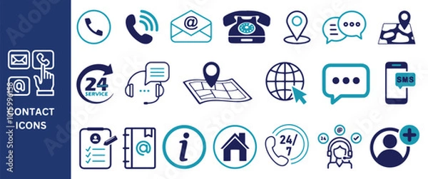 Obraz Contact Icon Set. Contact, e-mail, phone, address, service, customer, call, website, SMS, contact form, icons. Vector illustration.