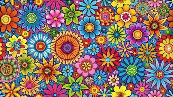 Obraz Colorful and vibrant flower pattern with a groovy hippie style, groove, hippie, style, flowers, pattern, retro, 70s